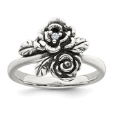 Sterling Silver Antiqued Polished CZ Flowers Size 8 Ring
