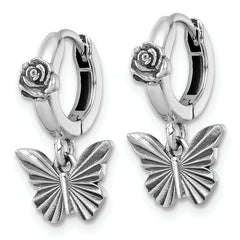 Sterling Silver Antiqued Textured Butterfly Dangle With Flower Hinged Hoop Earrings