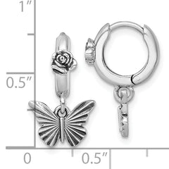 Sterling Silver Antiqued Textured Butterfly Dangle With Flower Hinged Hoop Earrings