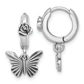 Sterling Silver Antiqued Textured Butterfly Dangle With Flower Hinged Hoop Earrings