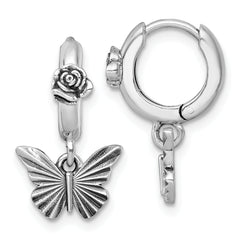 Sterling Silver Antiqued Textured Butterfly Dangle With Flower Hinged Hoop Earrings