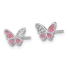Sterling Silver Rhodium-plated Polished CZ and Pink Enamel Butterfly Post Earrings