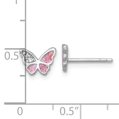 Sterling Silver Rhodium-plated Polished CZ and Pink Enamel Butterfly Post Earrings