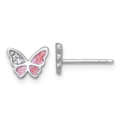 Sterling Silver Rhodium-plated Polished CZ and Pink Enamel Butterfly Post Earrings