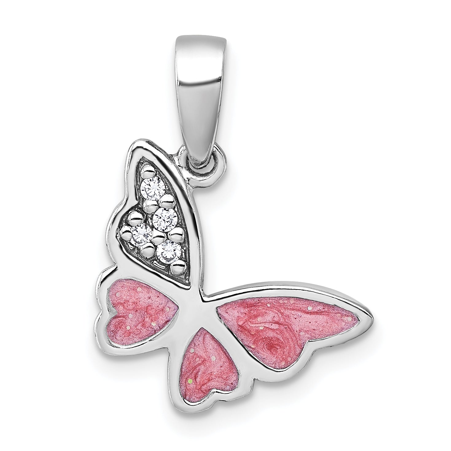 Sterling Silver Rhodium-plated Polished CZ and Pink Enamel Butterfly Pendant