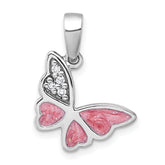 Sterling Silver Rhodium-plated Polished CZ and Pink Enamel Butterfly Pendant