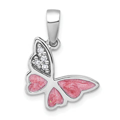 Sterling Silver Rhodium-plated Polished CZ and Pink Enamel Butterfly Pendant