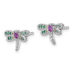 Sterling Silver Rhodium-plated Polished Green, Yellow and Pink CZ Dragonfly Post Earrings
