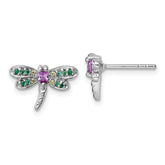 Sterling Silver Rhodium-plated Polished Green, Yellow and Pink CZ Dragonfly Post Earrings