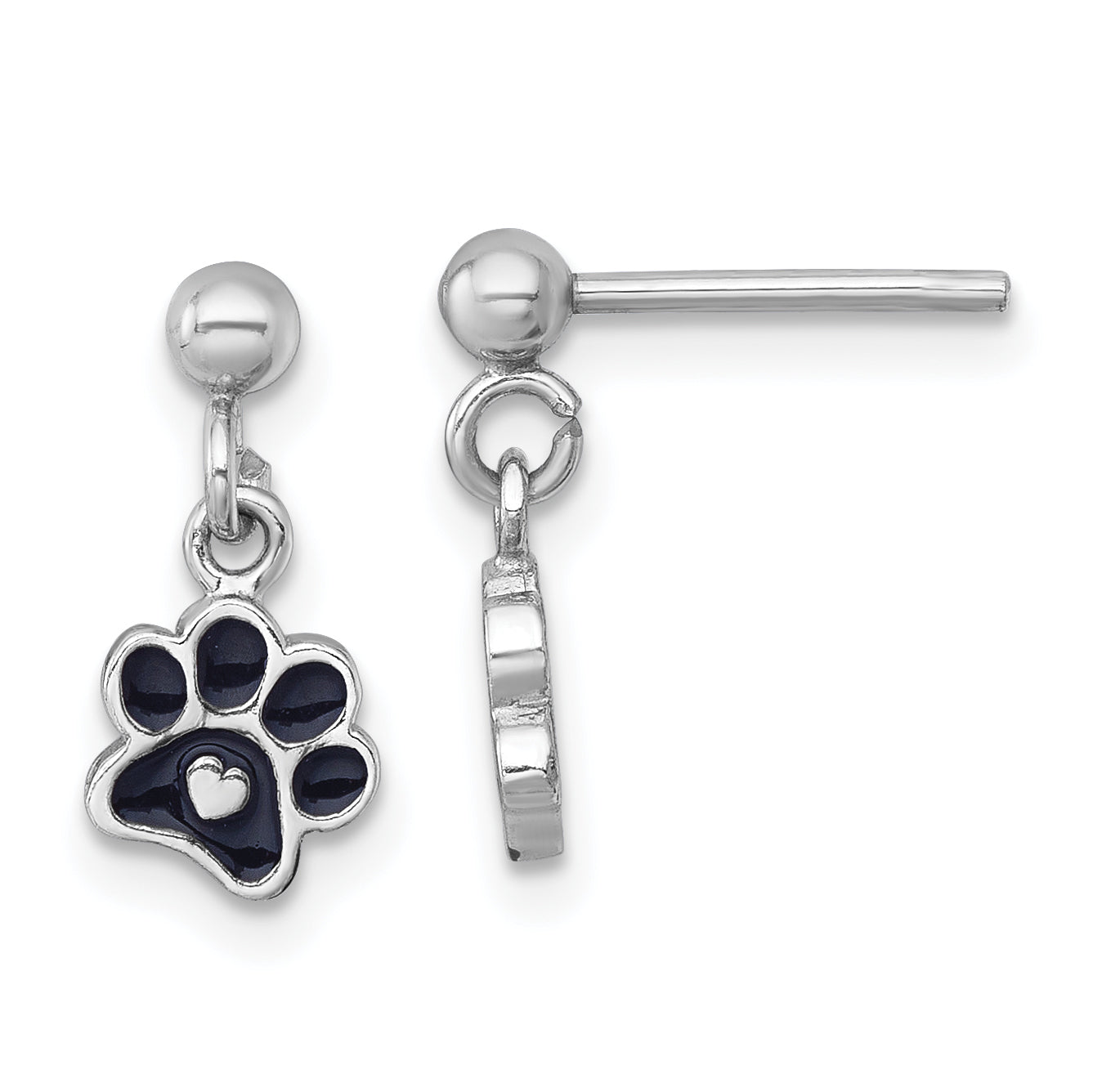 Sterling Silver Rhodium-plated Polished Black Enamel Paw Print with Heart Dangle Post Earrings