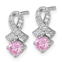 Sterling Silver Rhodium-plated Polished Round Pink and White CZ Awareness Ribbon Post Earrings