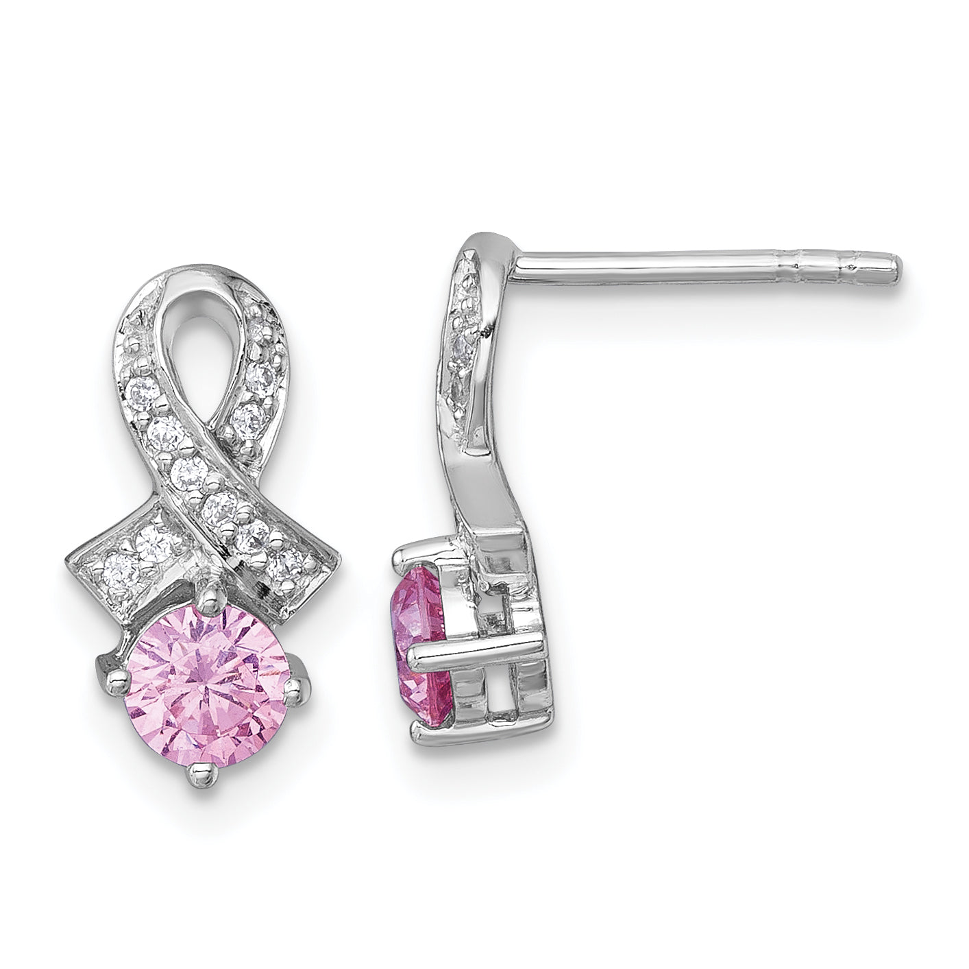 Sterling Silver Rhodium-plated Polished Round Pink and White CZ Awareness Ribbon Post Earrings