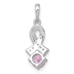 Sterling Silver Rhodium-plated Polished Round Pink and White CZ Awareness Ribbon Pendant