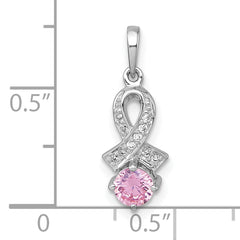 Sterling Silver Rhodium-plated Polished Round Pink and White CZ Awareness Ribbon Pendant