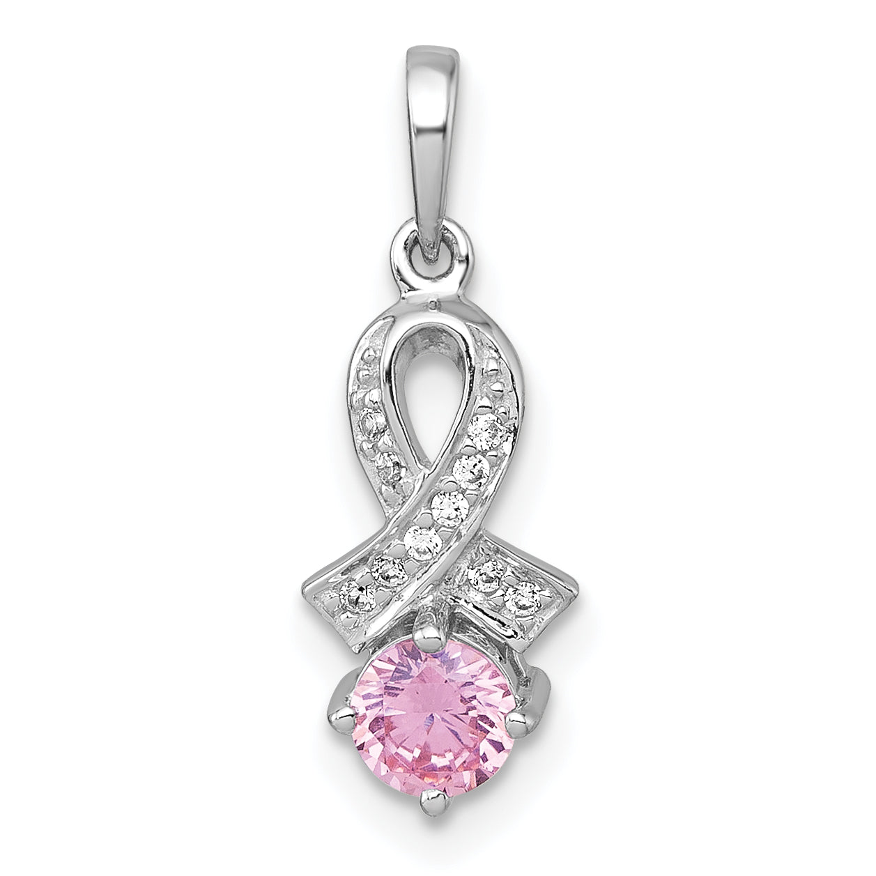 Sterling Silver Rhodium-plated Polished Round Pink and White CZ Awareness Ribbon Pendant