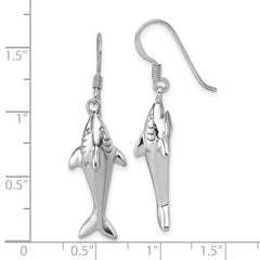 Sterling Silver Rhodium-plated Polished Shark Dangle Shepherd Hook Earrings