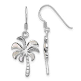 Sterling Silver Rhodium-plated Polished Mother of Pearl Palm Tree Dangle Shepherd Hook Earrings