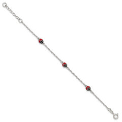 Sterling Silver Polished Red and Black Enameled Ladybugs 6 inch with 1 inch extension Childrens Bracelet