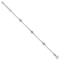 Sterling Silver Polished Pink/Purple/White/Blue Enameled Butterfly 6 inch with 1 inch extension Childrens Bracelet