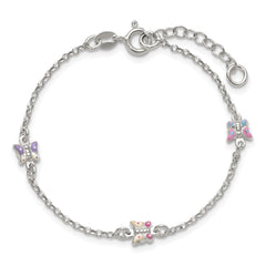 Sterling Silver Polished Pink/Purple/White/Blue Enameled Butterfly 6 inch with 1 inch extension Childrens Bracelet