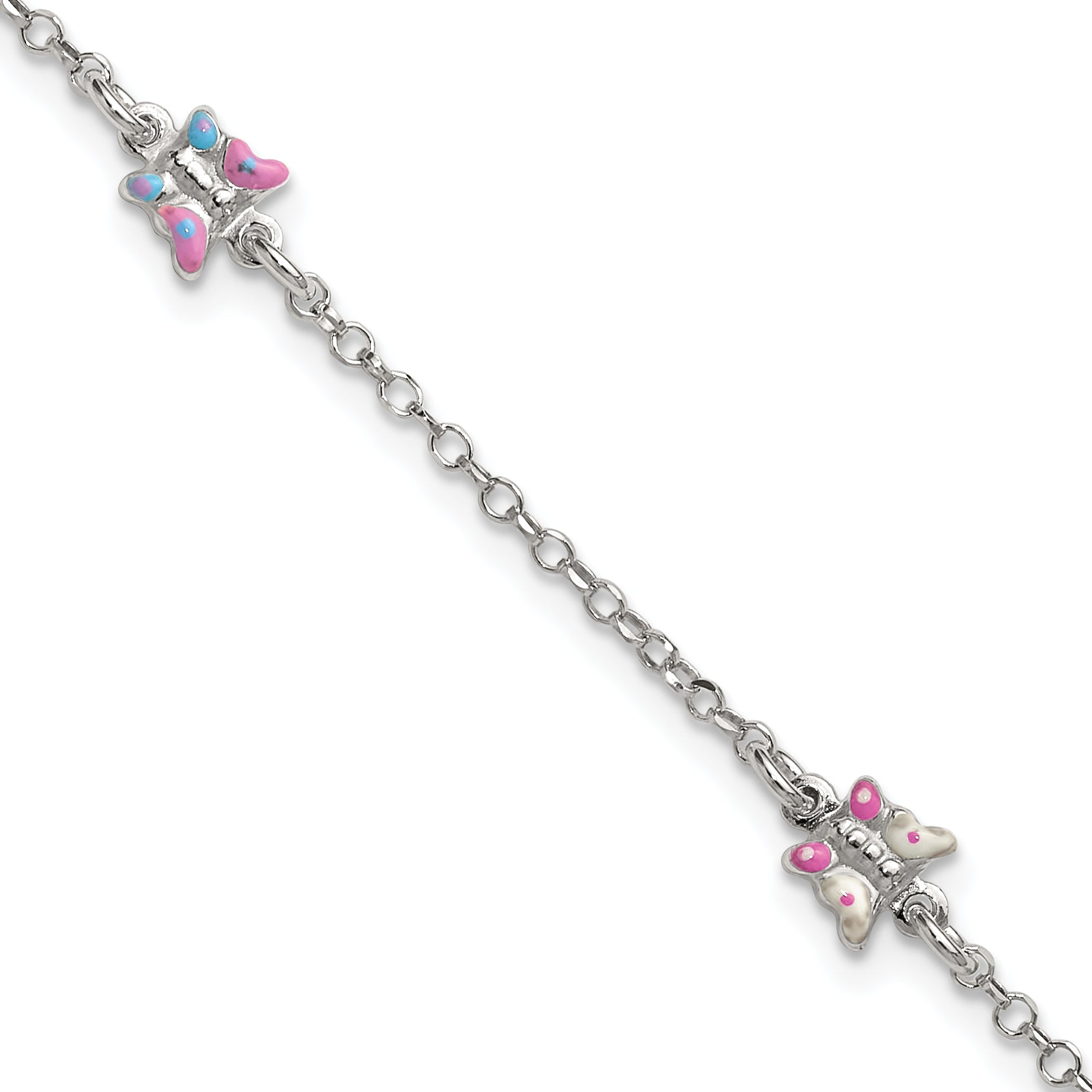 Sterling Silver Polished Pink/Purple/White/Blue Enameled Butterfly 6 inch with 1 inch extension Childrens Bracelet