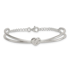 Sterling Silver Polished Twisted Heart Childrens Cuff Bracelet with Safety Chain