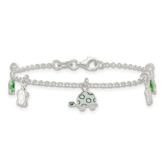 Sterling Silver Polished Green Enamel Turtles Childrens 6 inch Bracelet