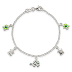 Sterling Silver Polished Green Enamel Turtles Childrens 6 inch Bracelet