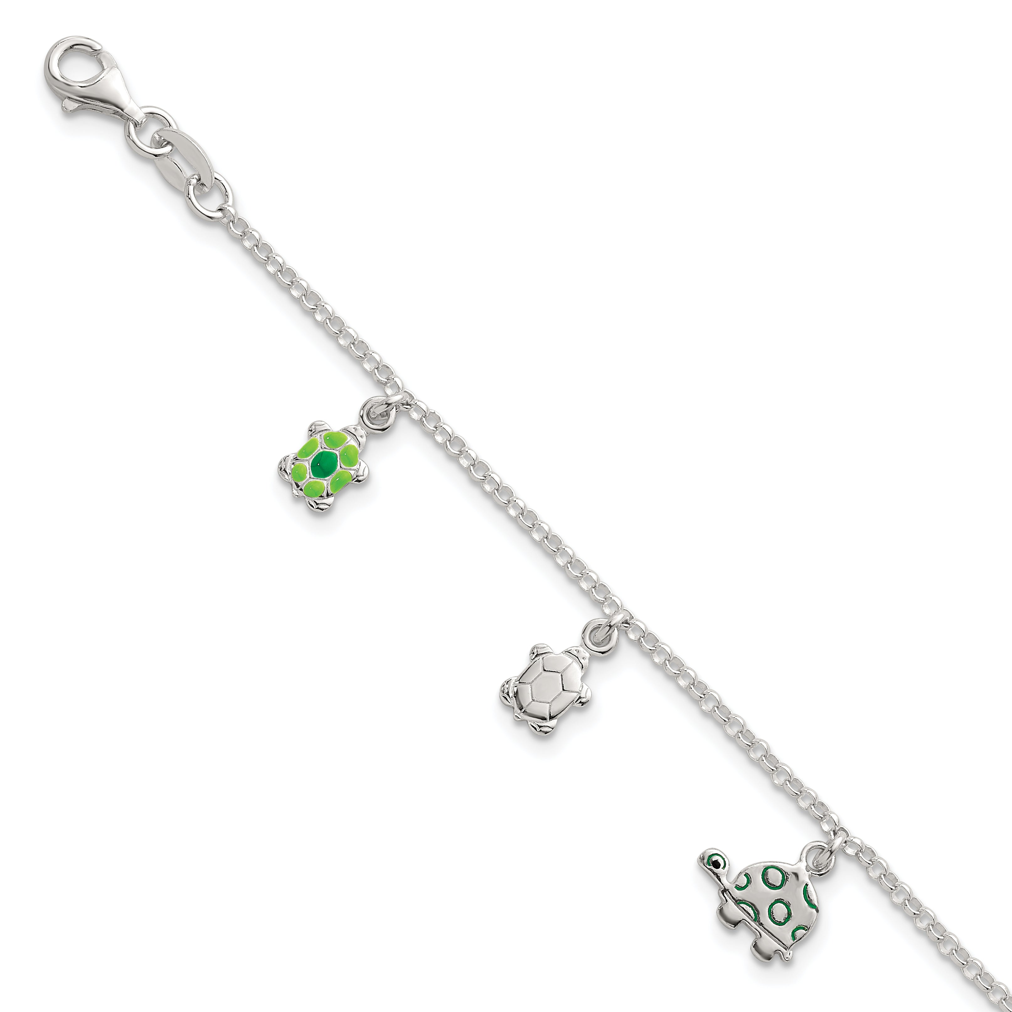 Sterling Silver Polished Green Enamel Turtles Childrens 6 inch Bracelet