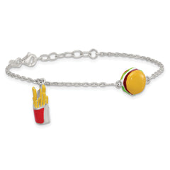Sterling Silver Polished Multi-colored Enamel Burger and Fries Childrens 6 inch with 1 inch Extension Bracelet