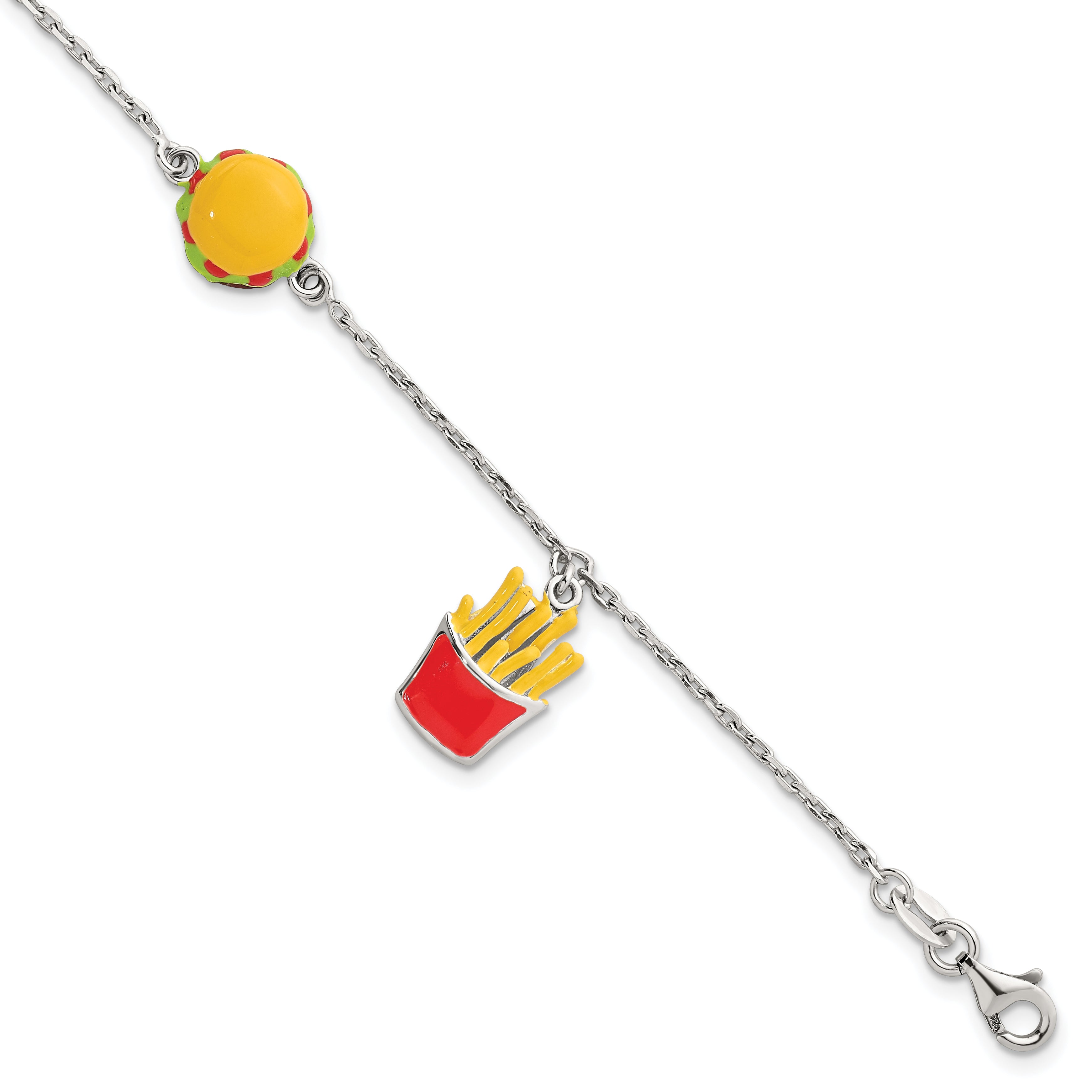 Sterling Silver Polished Multi-colored Enamel Burger and Fries Childrens 6 inch with 1 inch Extension Bracelet