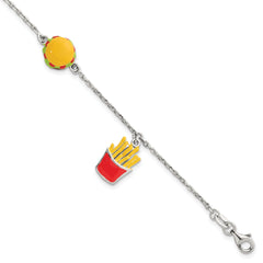 Sterling Silver Polished Multi-colored Enamel Burger and Fries Childrens 6 inch with 1 inch Extension Bracelet