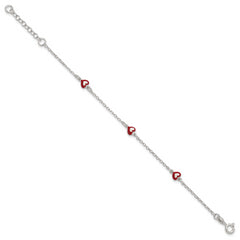 Sterling Silver Polished Red and White Enameled Hearts 6 inch with 1 inch extension Childrens Bracelet