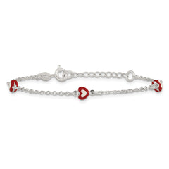 Sterling Silver Polished Red and White Enameled Hearts 6 inch with 1 inch extension Childrens Bracelet