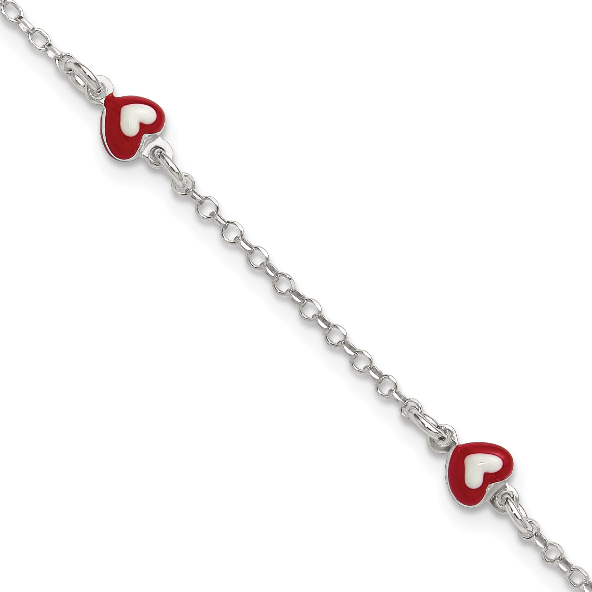 Sterling Silver Polished Red and White Enameled Hearts 6 inch with 1 inch extension Childrens Bracelet