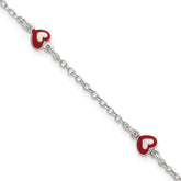 Sterling Silver Polished Red and White Enameled Hearts 6 inch with 1 inch extension Childrens Bracelet