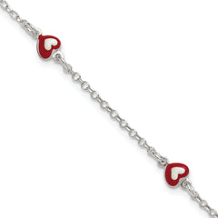 Sterling Silver Polished Red and White Enameled Hearts 6 inch with 1 inch extension Childrens Bracelet
