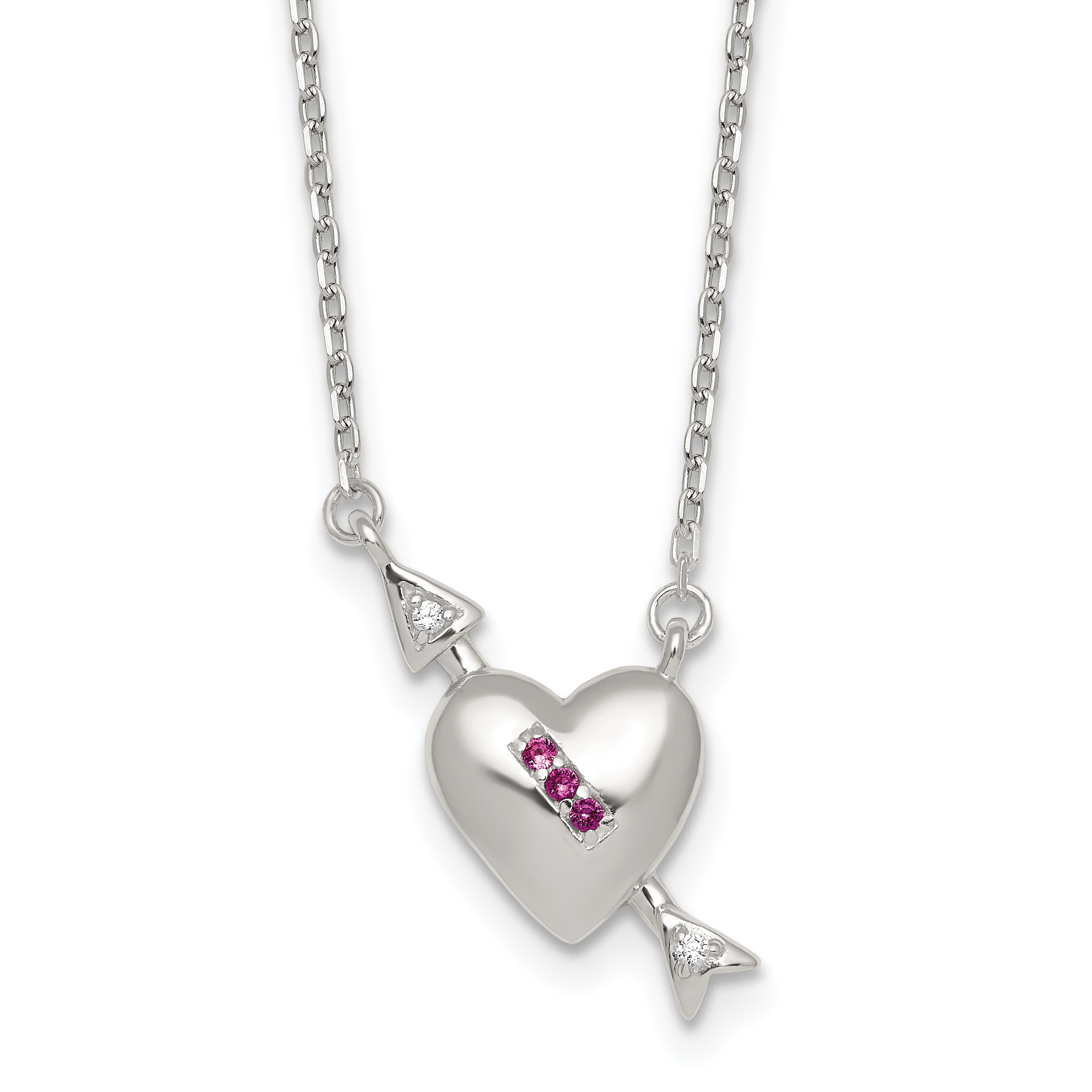 Sterling Silver Polished Pink and White CZ Heart and Arrow 16 inch with 2 inch Extension Necklace