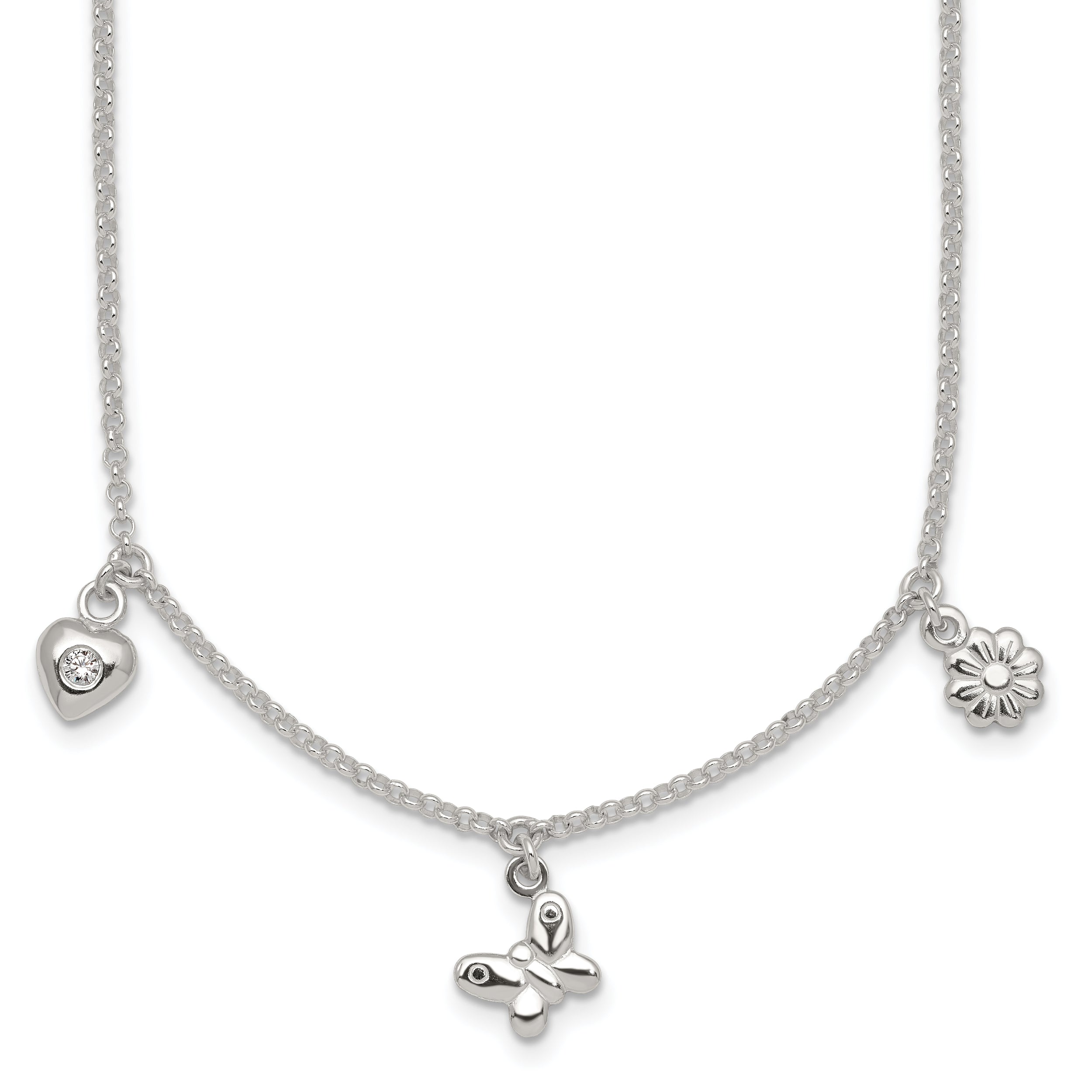 Sterling Silver Polished White CZ Heart/Flower/Butterfly Childrens 14 inch with 1 inch Extension Necklace