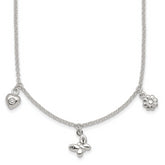 Sterling Silver Polished White CZ Heart/Flower/Butterfly Childrens 14 inch with 1 inch Extension Necklace