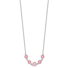 Sterling Silver Polished Pink Enameled Flowers and Pink Glass Butterfly Childrens 14 inch Necklace