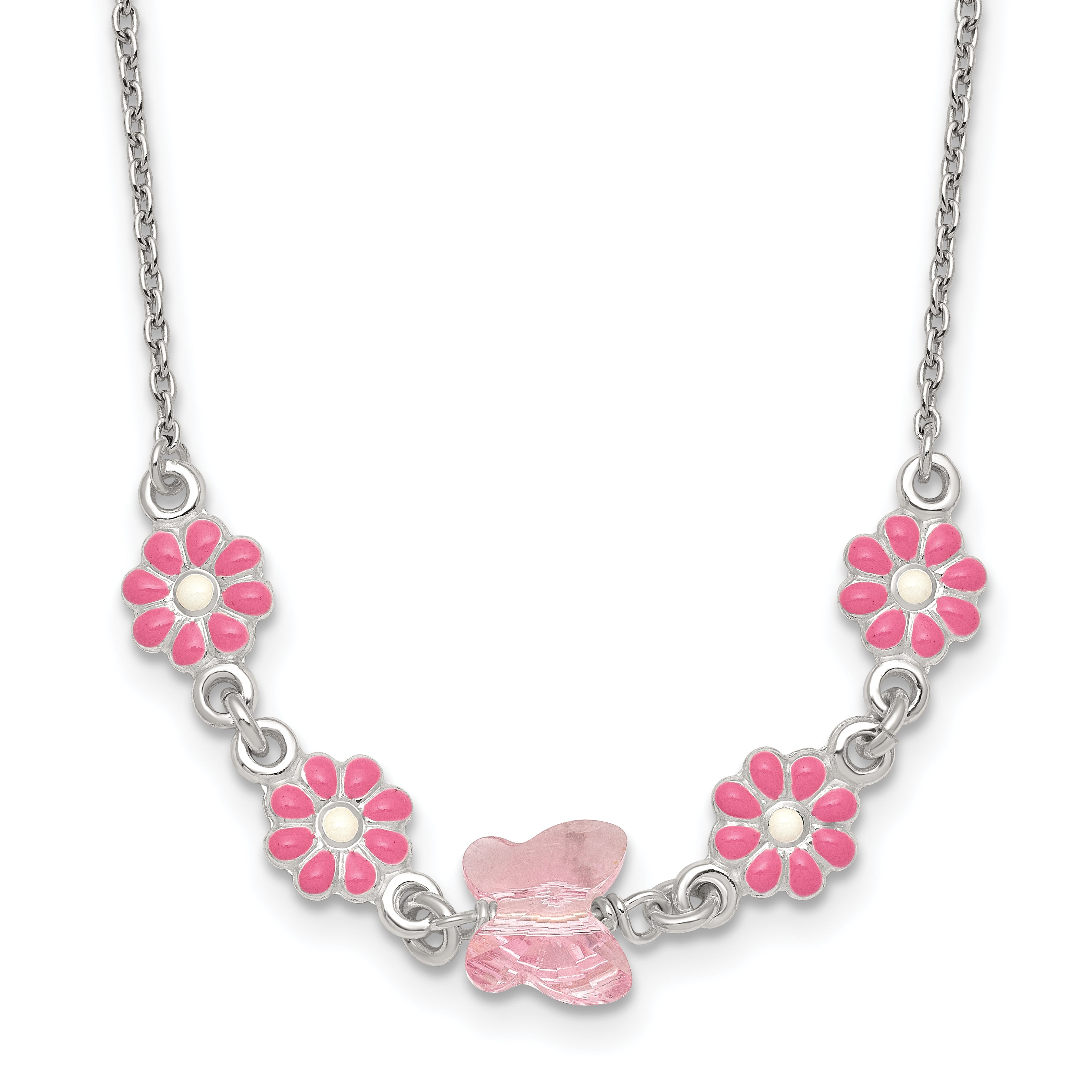 Sterling Silver Polished Pink Enameled Flowers and Pink Glass Butterfly Childrens 14 inch Necklace