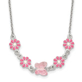Sterling Silver Polished Pink Enameled Flowers and Pink Glass Butterfly Childrens 14 inch Necklace