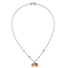 Sterling Silver Polished Beaded Enameled Heart on Rainbow Childrens 14 inch Necklace