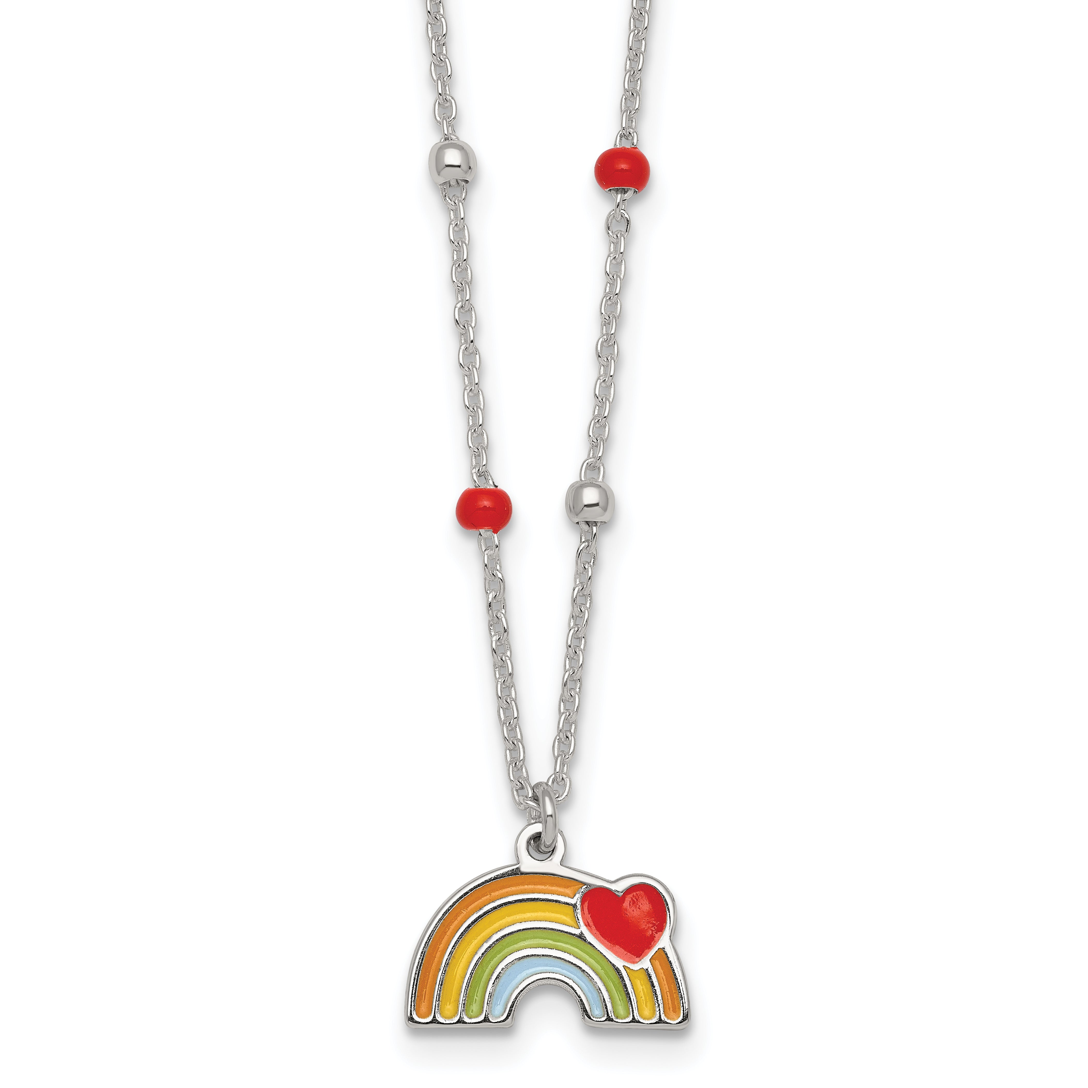 Sterling Silver Polished Beaded Enameled Heart on Rainbow Childrens 14 inch Necklace