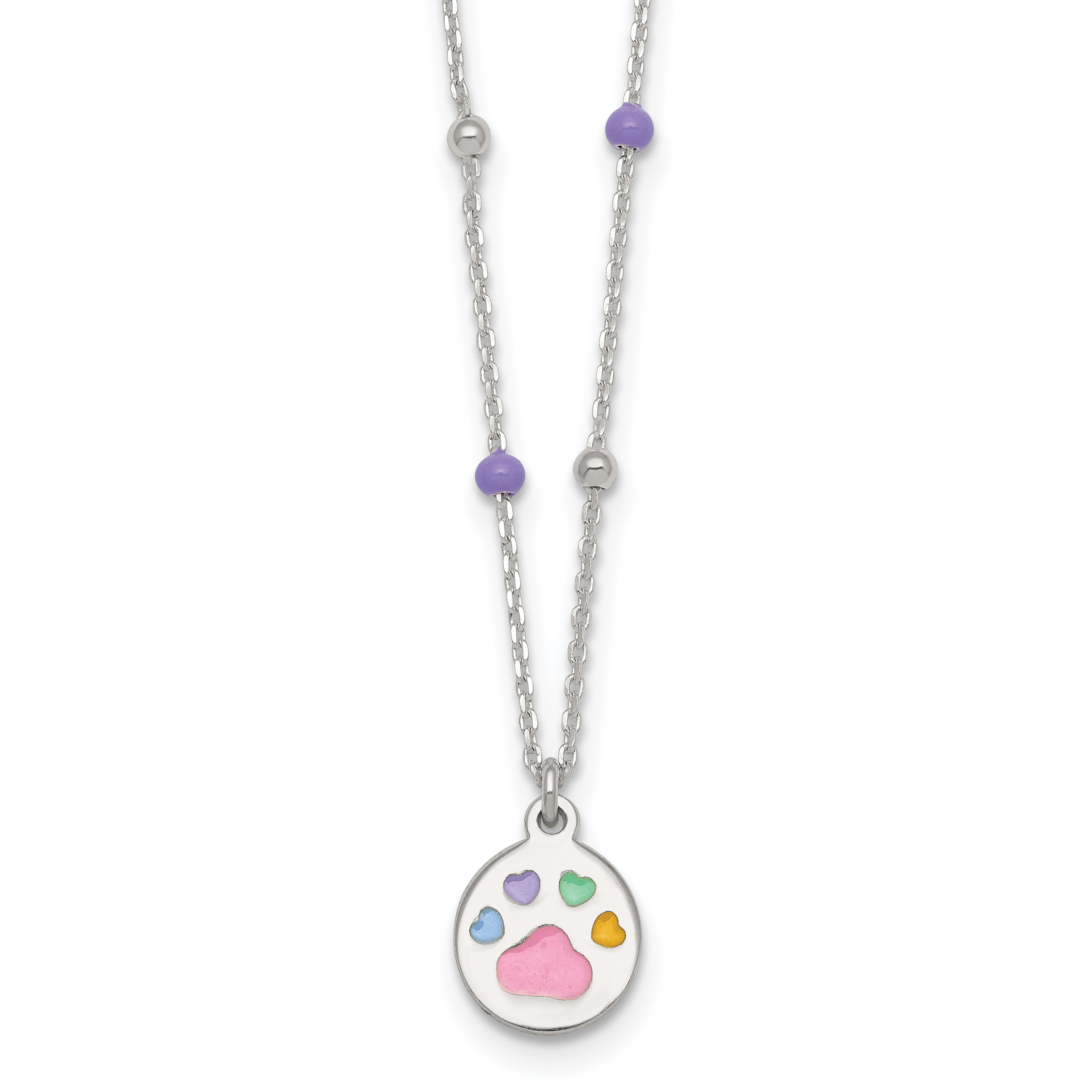 Sterling Silver Polished Beaded Enameled Multi-color Heart Pawprint Childrens 14 inch Necklace
