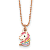 Sterling Silver Rose-tone Polished White and Rainbow Enameled Unicorn Childrens 14 inch Necklace