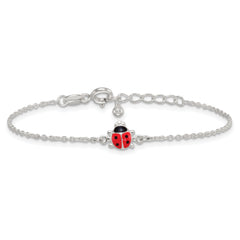 Sterling Silver Polished Red and Black Enameled Ladybug Childrens 5.5 inch with 1 inch Extension Bracelet