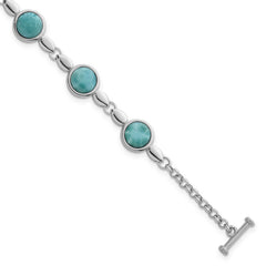 Sterling Silver Rhodium-plated Polished Fancy Round Larimar Cabochon 8 Inch Toggle Bracelet