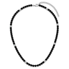Sterling Silver Rhodium-plated Polished Pave CZ and Onyx 17 Inch with 3 Inch Extension Necklace